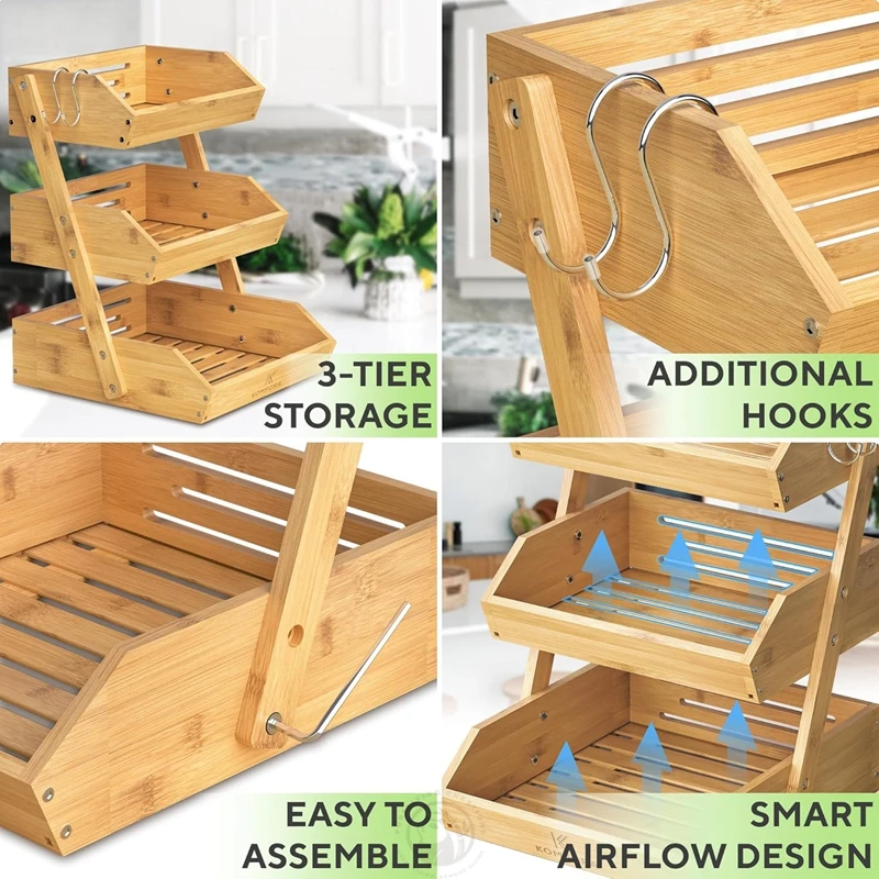 3-Tier Premium Bamboo Durable and Easy Fruit Stand for Countertop Bamboo Fruit Basket 3-Tier for Vegetables Bread and Snacks
