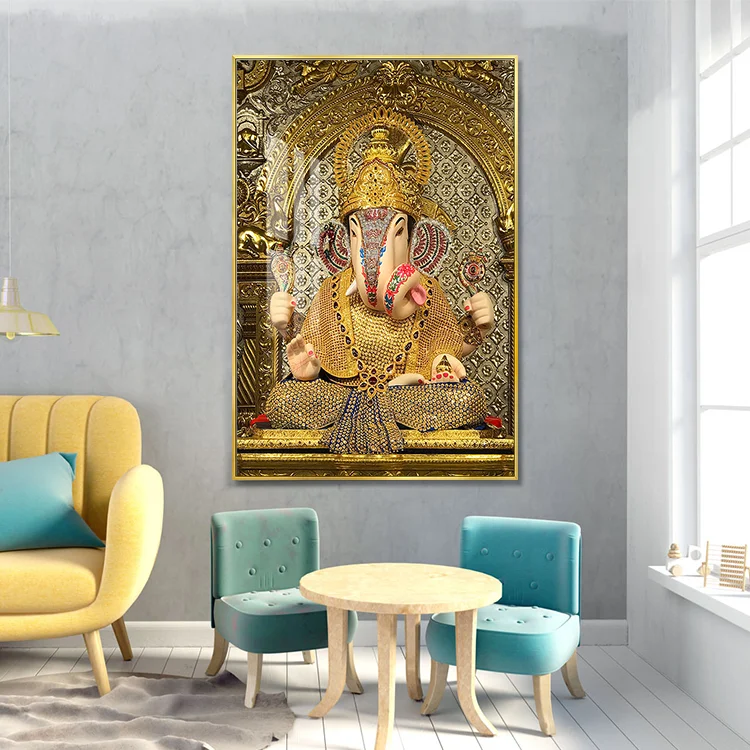 Religious Golden Elephant Decorative Paintings Crystal Porcelain Buddha Picture Lord Ganesha Wall Art For Home Decoration