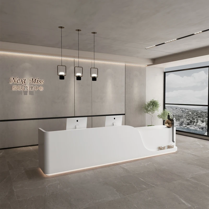 Modern Pink Beauty Salon Front Table White Marble Cashier Reception Counter Desk Luxury Checkout Counters For Hotel
