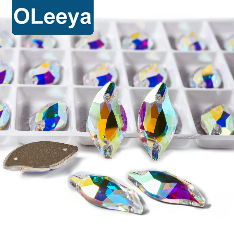 OLeeya K9 Quality Leaf Sewing Gemstone  AB Crystal Sparkle Glass Flat back Sew on Rhinestone For Garment Accessories