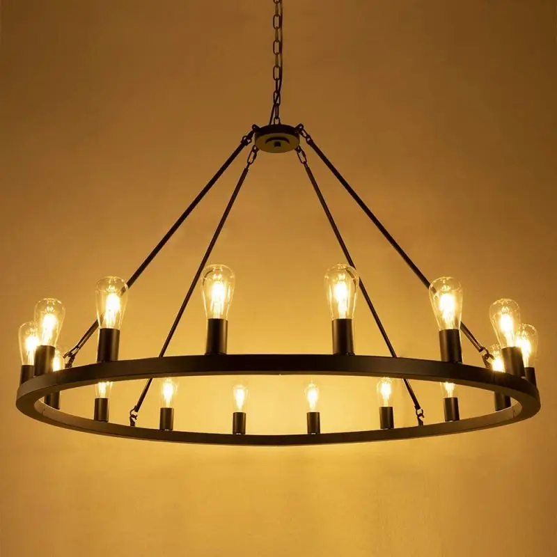 Matte Black Wagon Wheel Chandelier 12-Light Diam Farmhouse Rustic Industrial Country Style Large Round Pendant Light Fixture