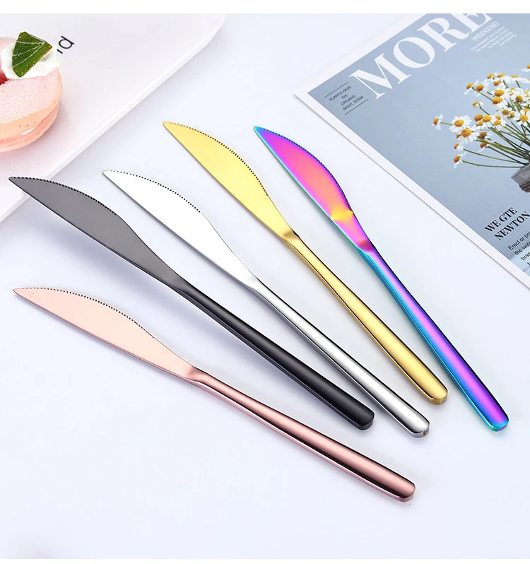SUS 304 Rose Golden Black 9 inch Stainless Steel Serrated Sharp Blade Steak Knife Set