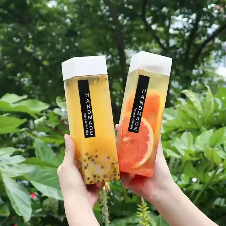 Hot Sale 500ml 16oz Creative Square Smoothie Plastic Juice Beverage Bottle Milk Cold Water Tea Coffee Soda Bottle