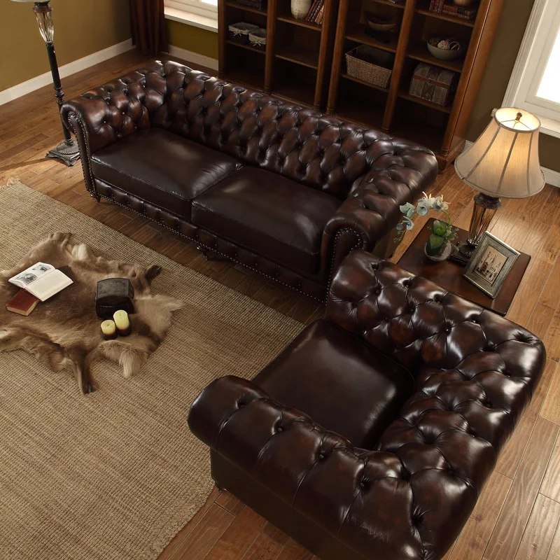 Living Room Design Luxury Modern Furniture Brown Leather Loveseat Chesterfield Sofa