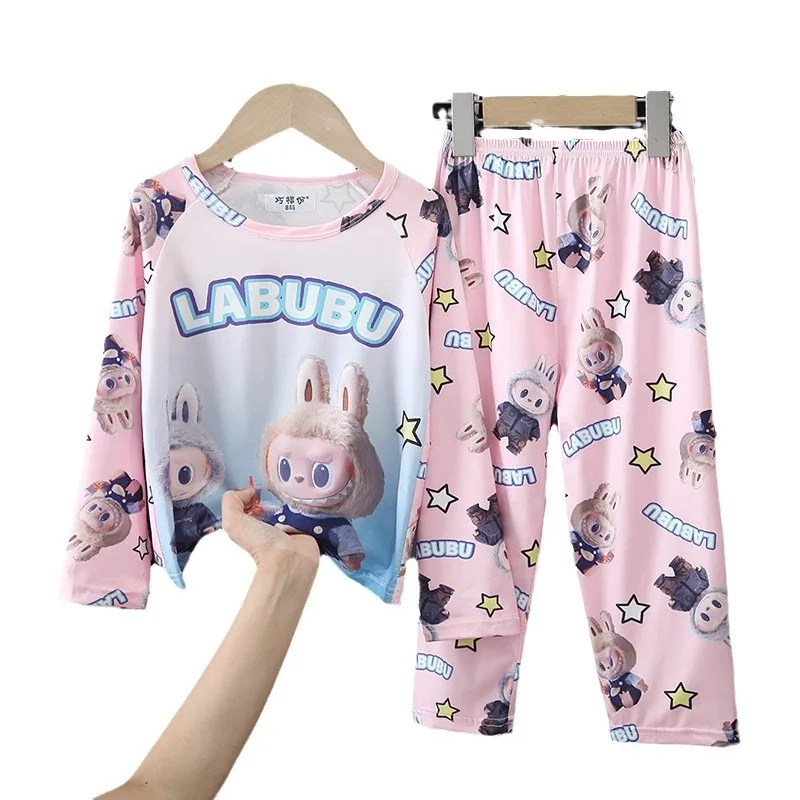 Runjoy new cartoon labubu Children Pajama Sets kawaii labubu print soft Autumn Winter long sleeve Casual kids Homewear wholesale