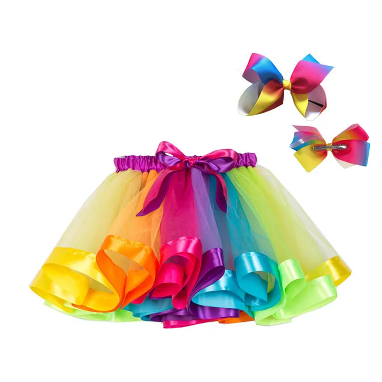2022 Wholesale Princess Tutu Baby Rainbow Kids Party Tutu Ball Gown Multi-Layers Colorful Bow Waist Girls Skirts