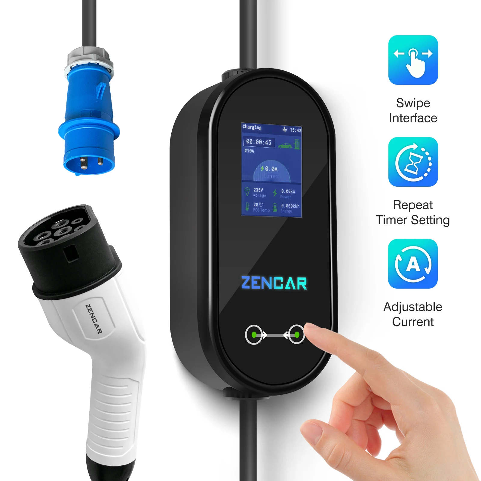 Портативное смарт-зарядное устройство Zencar 7 кВт 32 А evse с разъемом типа 2 1 Гбит/с большим экраном и функцией защиты от кражи