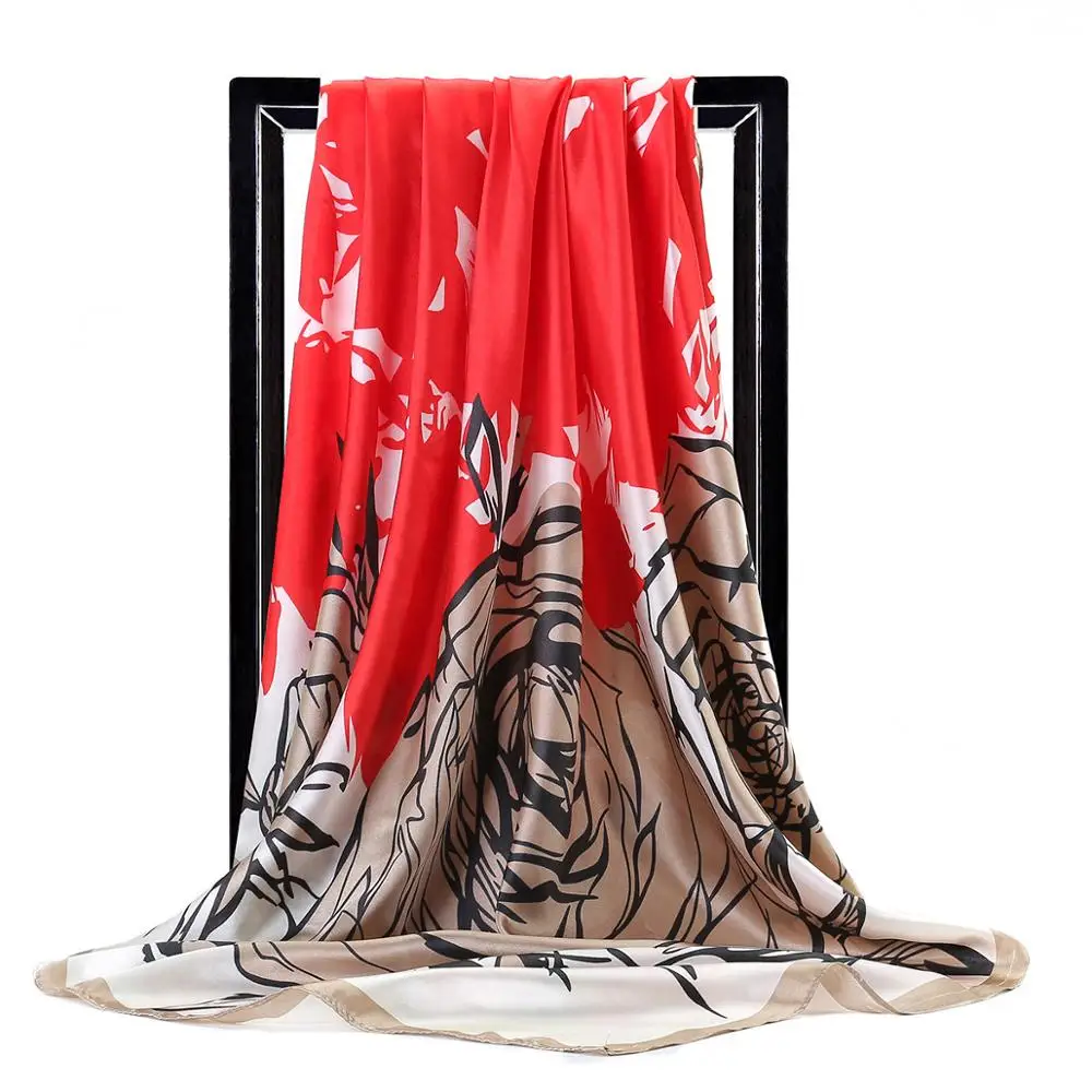 New Silk Scarf for Women Fashion Luxury Brand Floral Painting Shawls Wrap Ladies Hijab Large Square Scarves 90*90cm