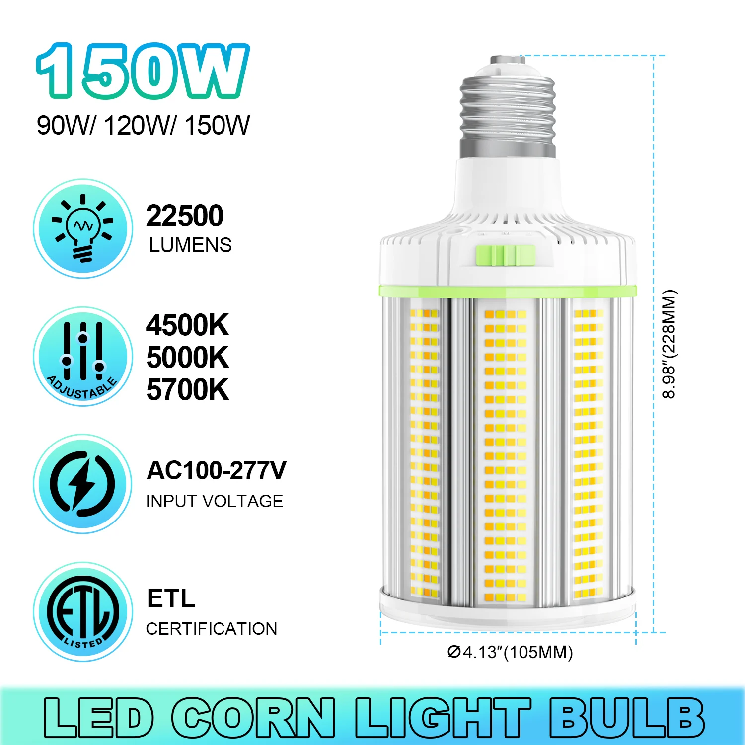 US Stock CCT Power Adjustable 60W 80W 100W 120W 150W Warehouse Office Outdoor Street Area Lighting LED Corn Bulb Light