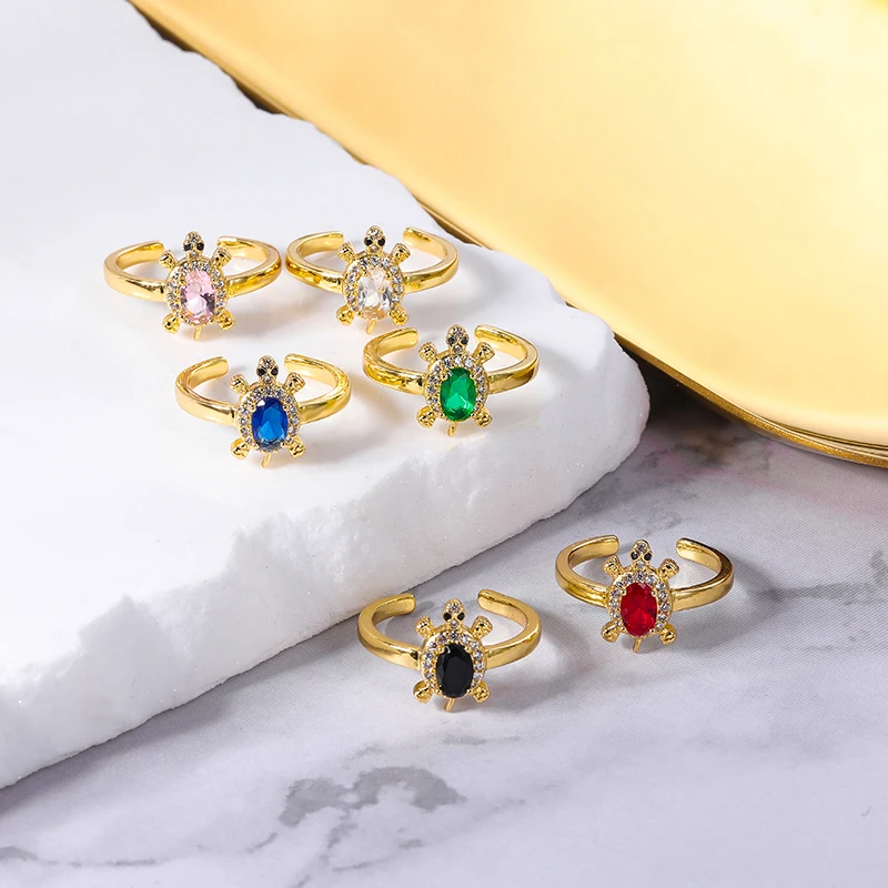 HOVANCI Cool Bling Bling Inlaid Zircon Finger Ring 18k Solid Gold Diamond Dainty Colored Oval Turtle CZ Zircon Ring for Party