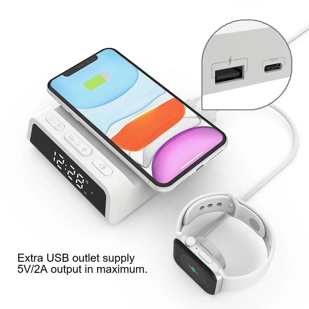 Newest 15W Alarm Clock LED Display Wireless Charger 4 in 1 Charging Stations for iphone 12 Pro Max