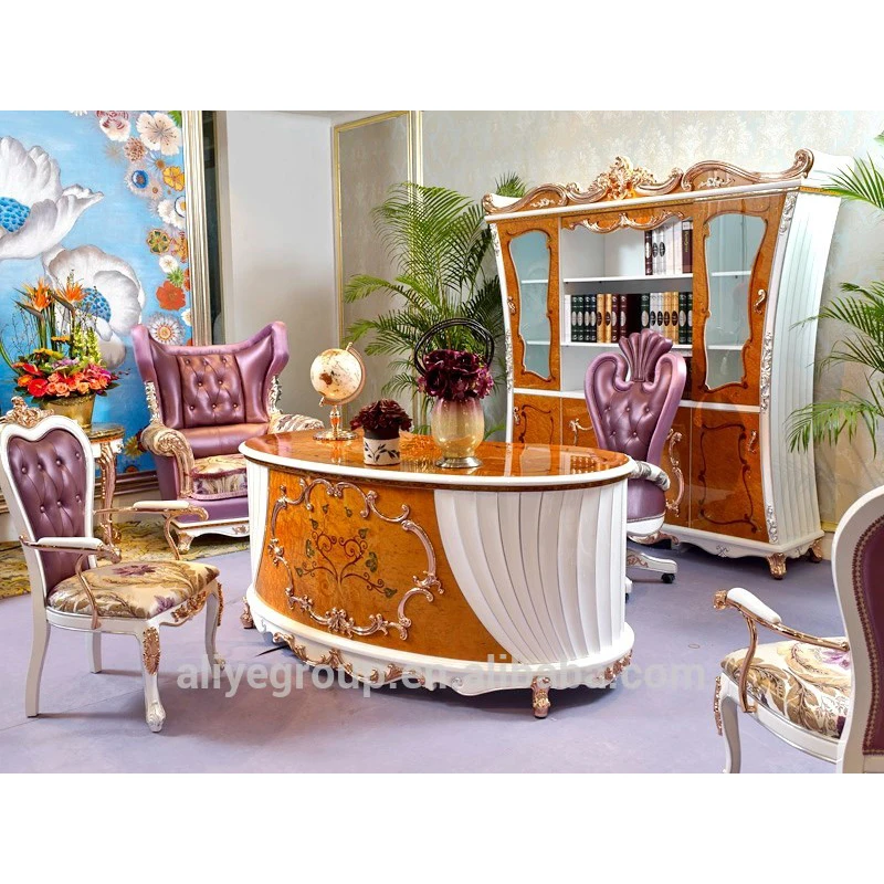 Luxury French Home Office Furniture Antique Study Room Wooden Hand Carved office desk with chairs and bookcase -mbk4883