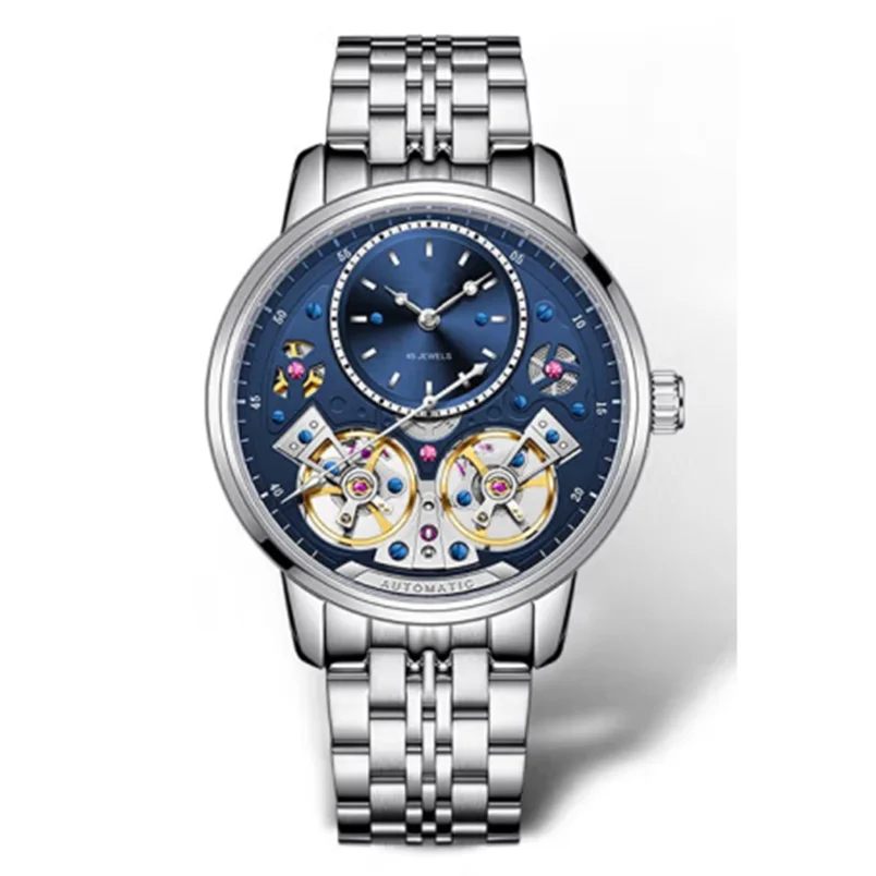 Пользовательские корпус из нержавеющей стали два скелета маховик водонепроницаемые мужские Бизнес Кварцевые часы