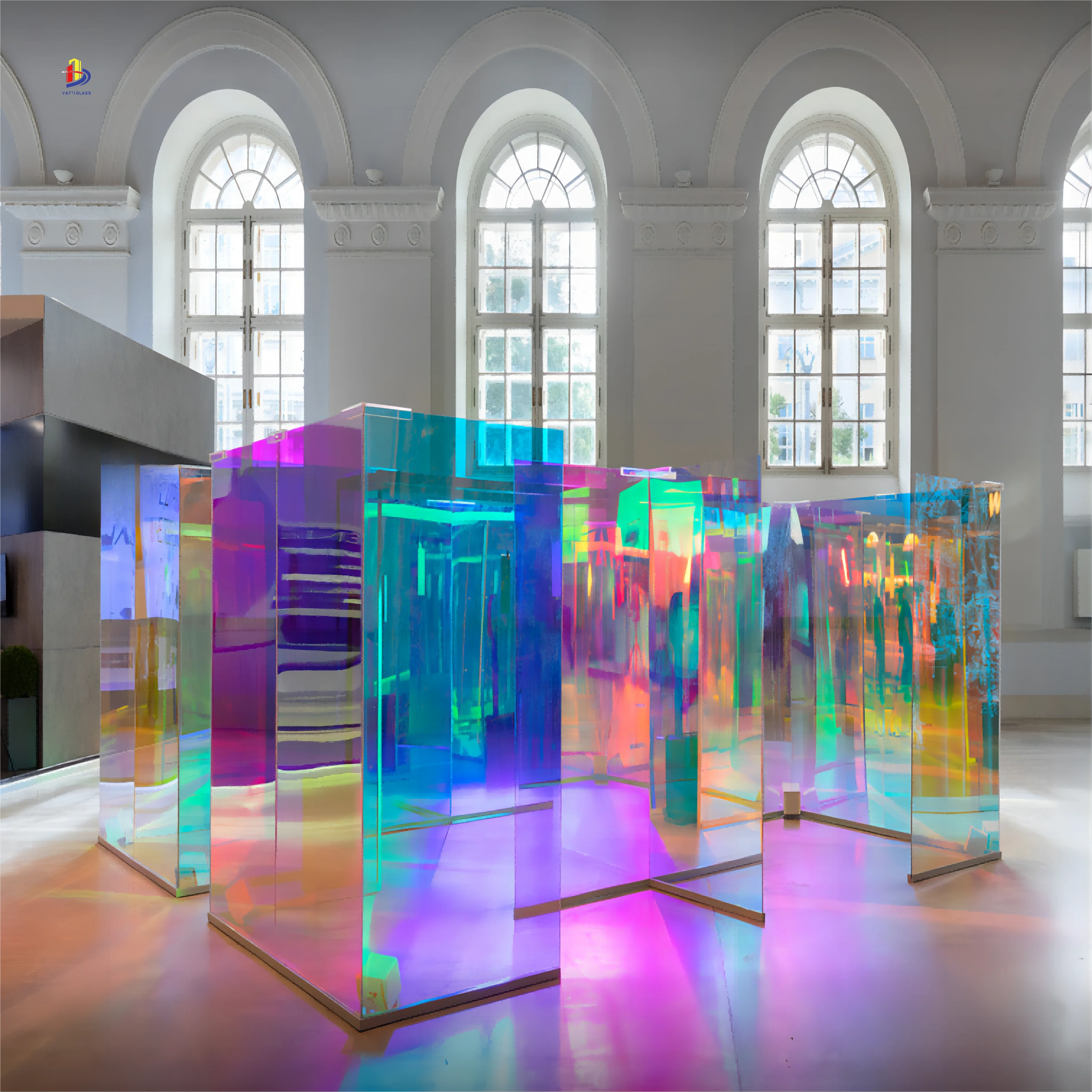 Dazzle Iridescent Hologram Glass Gradient Color Art Iridescent Dichroic Coating Decorative Rainbow Laminated Glass Sheet