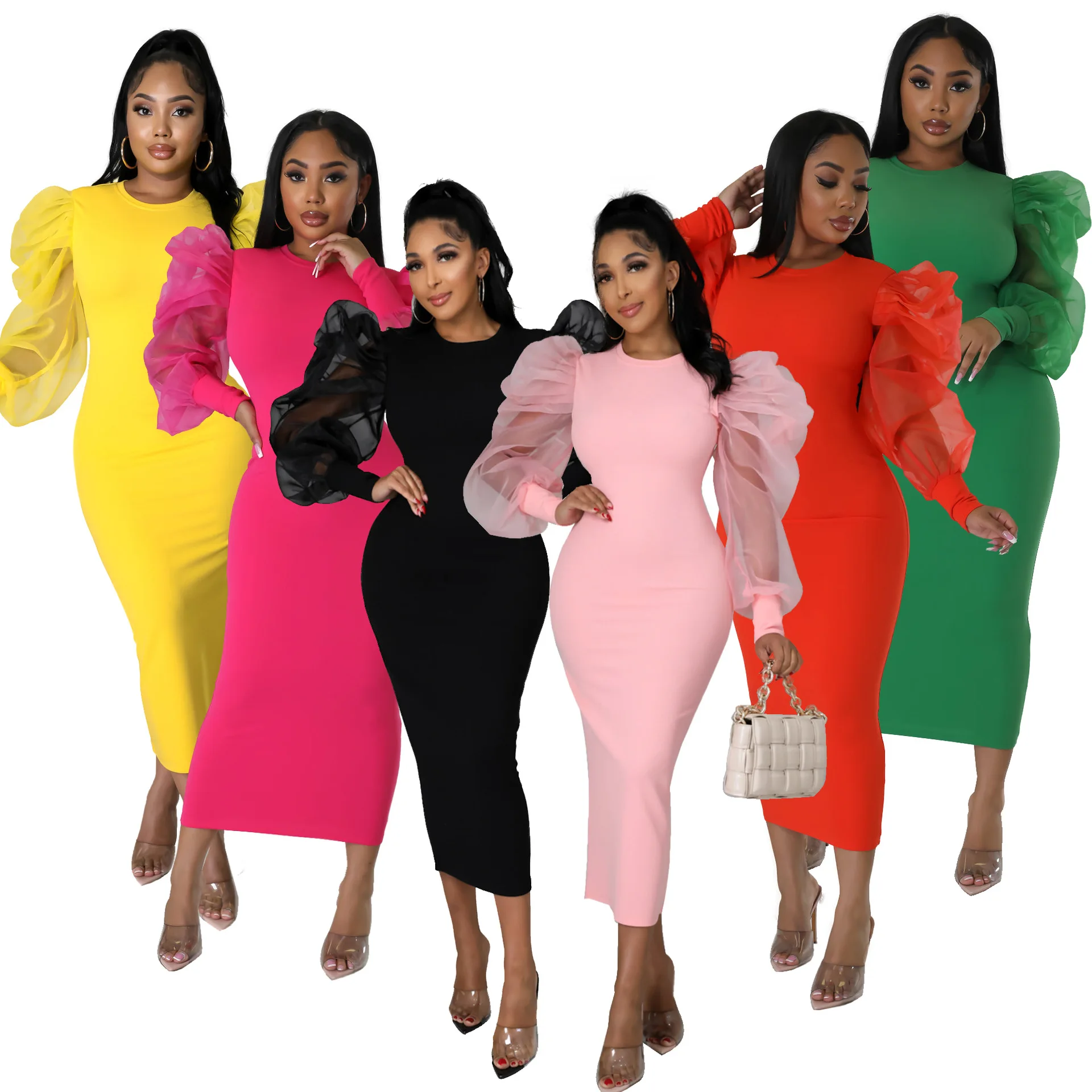 2023 New Arrival Mesh Puff Sleeve Bodycon Midi Dress Solid Color Elegant Office Lady Women Formal Work Career Dresses For Ladies