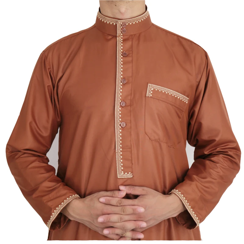 2021 Latest Shiny Material Long Style  Muslim Embroider Printing Men Thobe With Good Quality