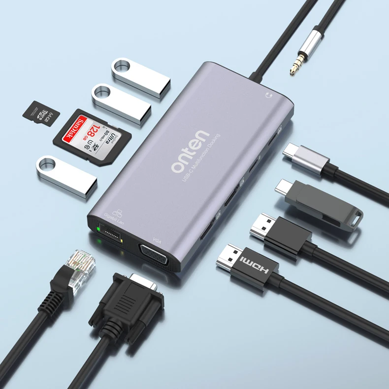 Onten Wholesale 12 in 1 USB-C Hub to Dual 4K HI Gigabit Network 2K VGA 3 USB 3.0 C Port Data PD 3.0 SD TF Audio Output OTN-UC601