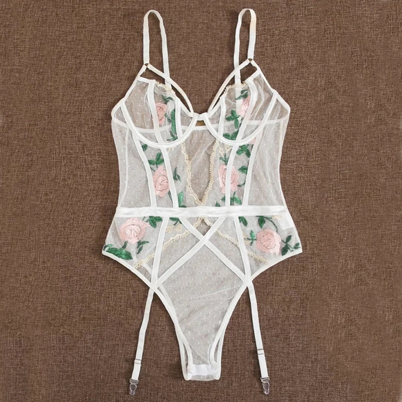 
New Floral Embroidered Mesh Garter Teddy Bodysuit Women Sexy lace Underwire Lingerie Hot Erotic Babydoll Sleepwear underwear 