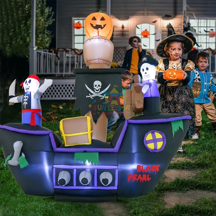 Blow-up yard decoration with bright led light 7ft halloween inflatable skeletons ghosts on pirate ship
