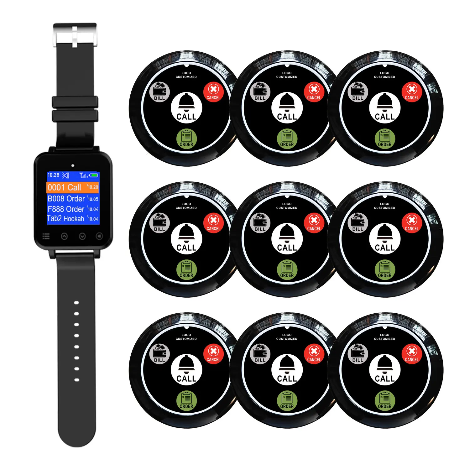 Artom waiter caller buzzer paging calling system Smart wireless wrist watch pager receiver with 9 call buttons
