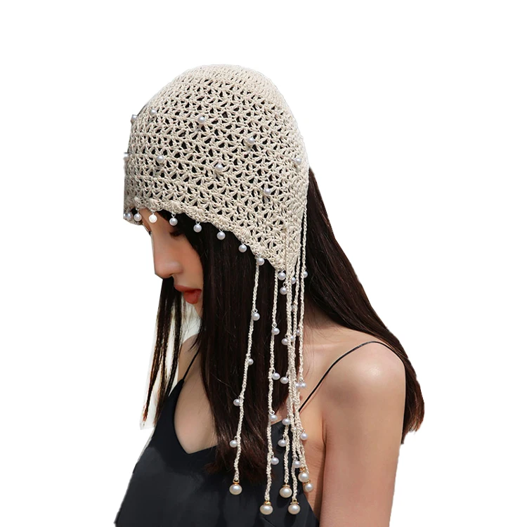 New Design Hollowed Out Knitted Hat Spring and Summer Crochet Cotton Hat Tassels with Pearls Beanie