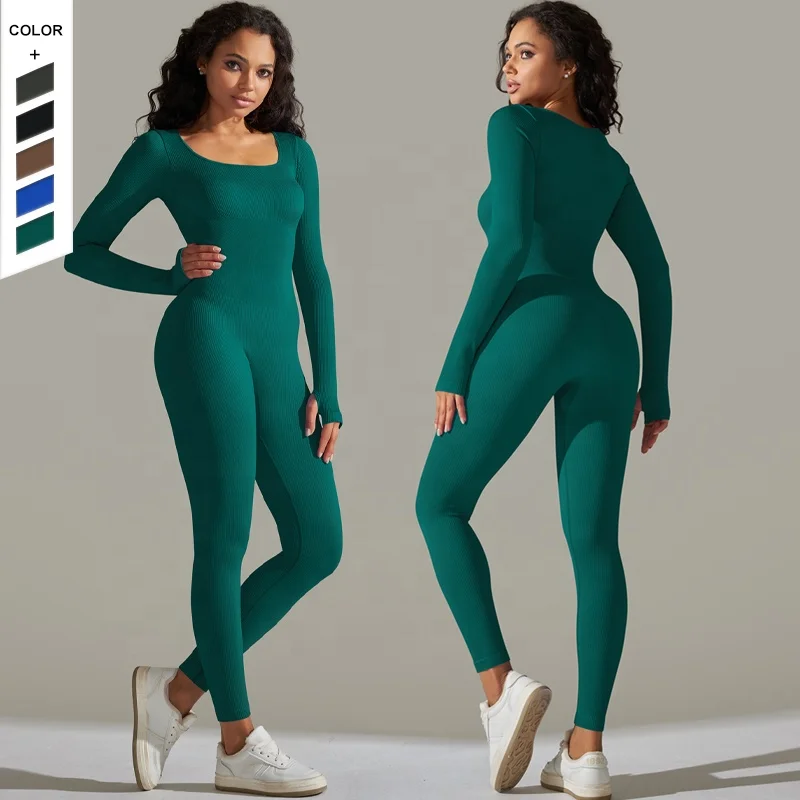 Spring New Seamless Thread One Piece Yoga Dress Dance Tight Fit Sleeves Sports Elastic Tight Bodysuit