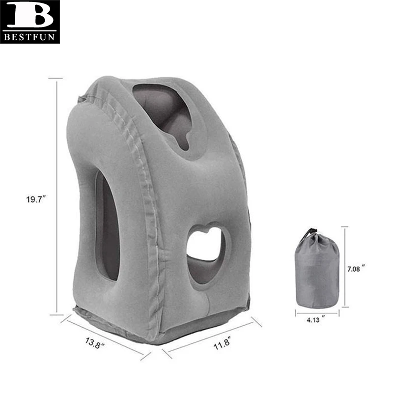 downy flocking inflatable travel pillow with head and arm rests for airplane, bus, train, car, camping, backpacking