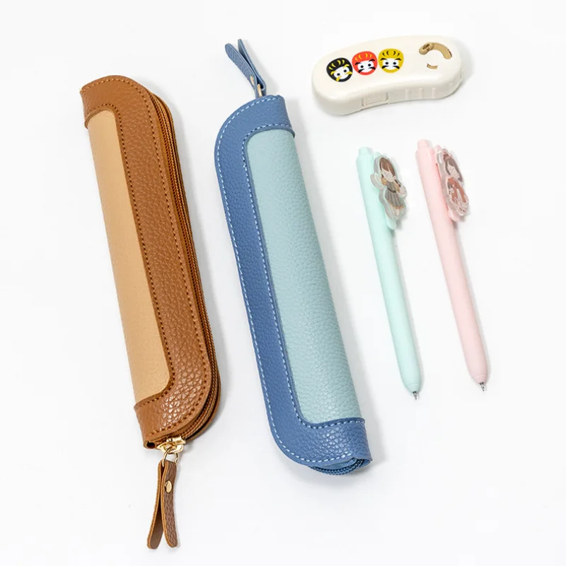 Korean style multi-color leather pencil case,Student PU stationery bag, Hand-held leather pencil storage box for office