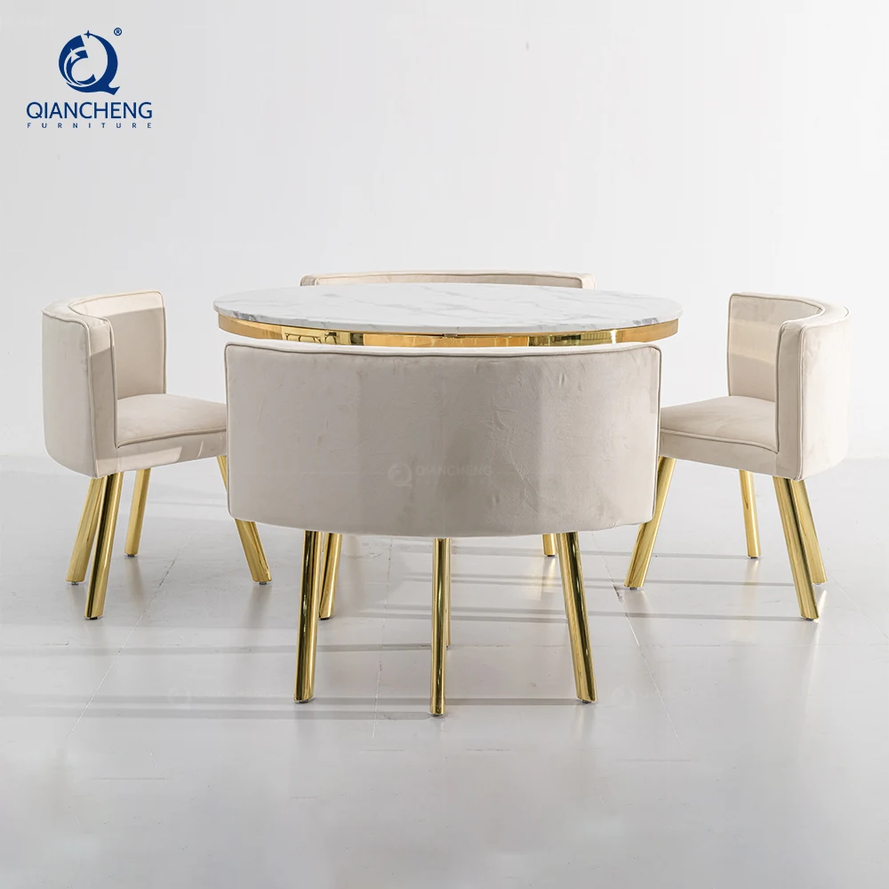 Showroom furniture custom size round shape white marble stainless steel gold kitchen dining set table and chairs