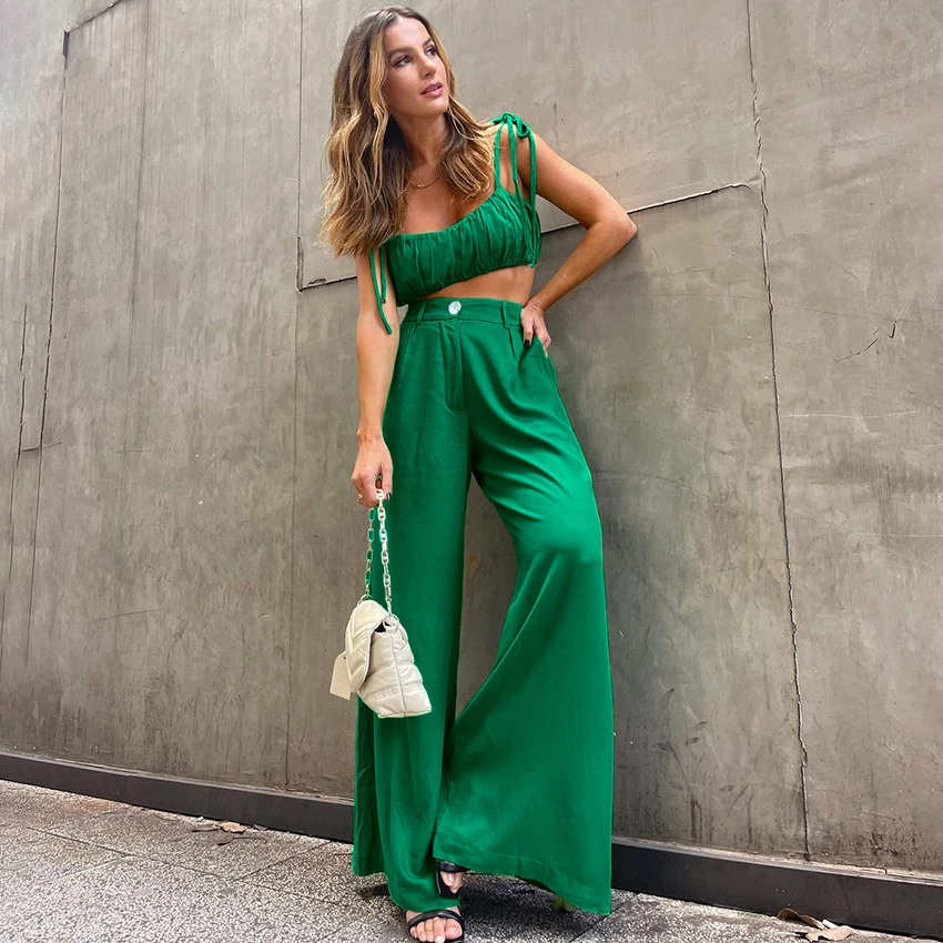 OOTN Summer Lace-Up Sexy Crop Top High Waist Long Pants Suit 2023 Cotton Flare Pants Set wholesale 2 piece set women clothes