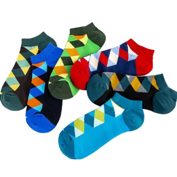 new style custom colorful rhombus cotton ankle happy socks for men