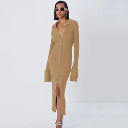 Women Y2K Knit Long Sleeve Sweater Maxi Korean Dress Ladies Elegant Mid Split Slim Casual Robe Dresses Clothing
