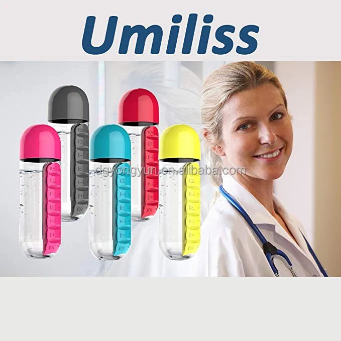 New Water Bottle Pill Box Weekly Pill Cup Case , Travel Multi-Purpose Pill Bottle, Outdoor 7 Compartment Pill Organizer 20 oz.