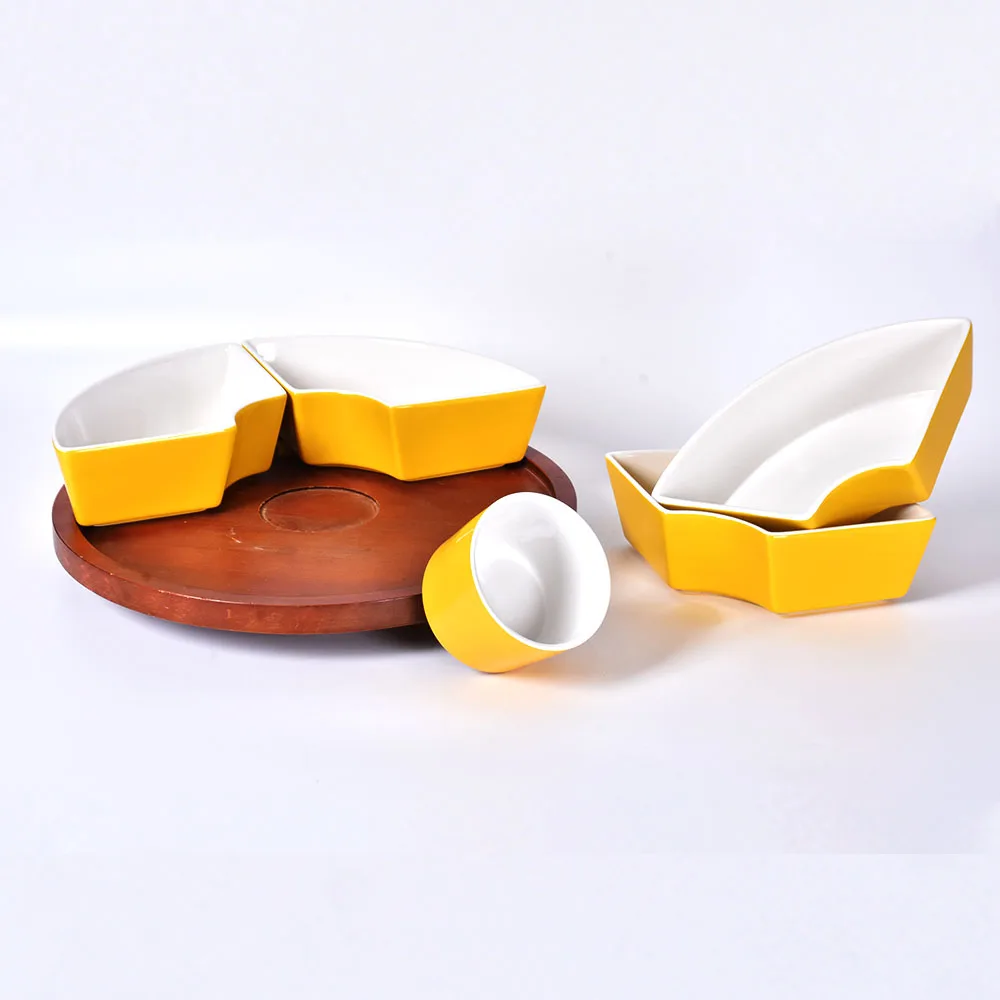 Wholesale 5 Compartment Dessert Snack Chip and Dip Server Fruit Platter Ceramic Divided serving tray