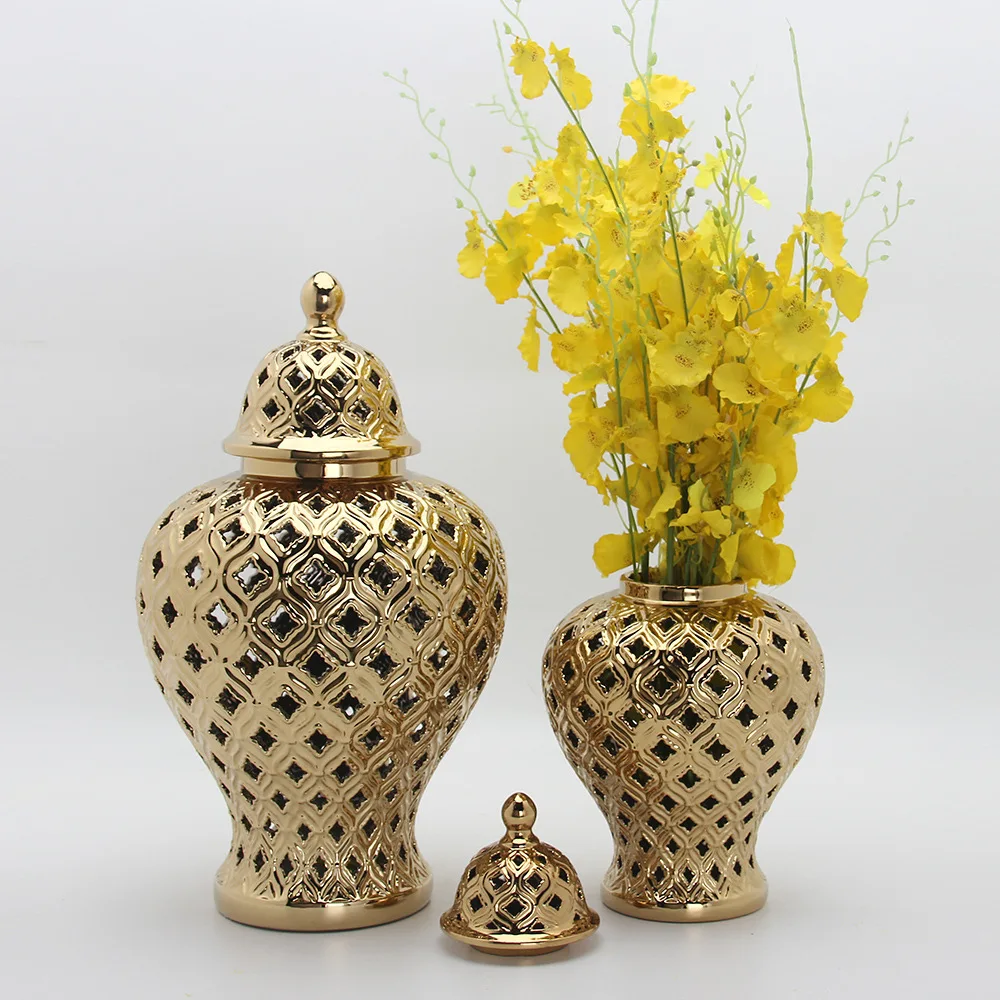 Wholesale Custom Home Hotel Decorative Modern Nordic Luxury Hollow Large Huge Big Ceramic Gold Hammered Ginger Jar Vase