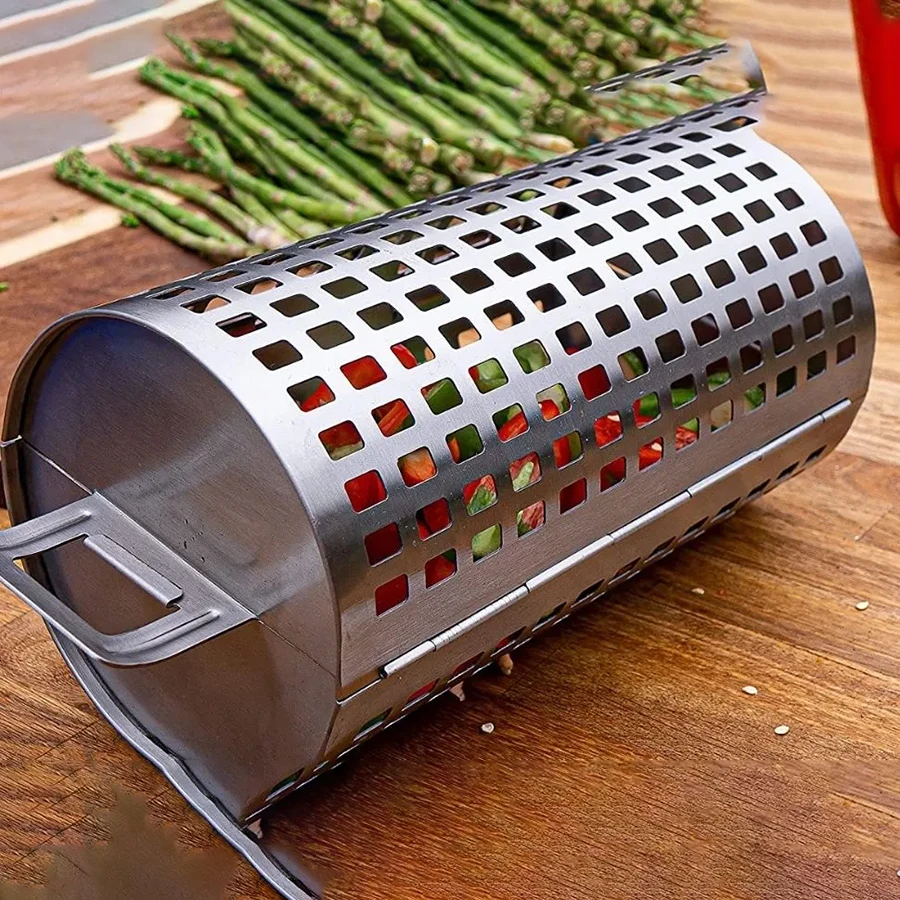 Net Basket Large With Handle Steel Bbq Accessories Tube Barbecue Roasting Meat Greatest Bbq Rolling Grilling Basket