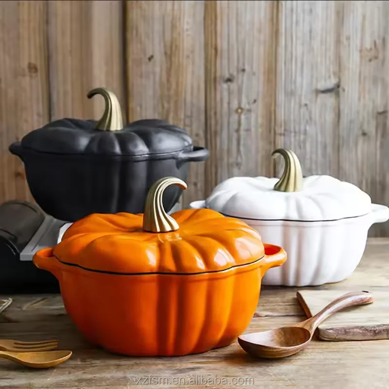 2024 Classic Design Cast Iron Casserole Cookware Home Kitchen Pumpkin Shaped Soup & Stock Pots Stew Commercial Restaurant Use