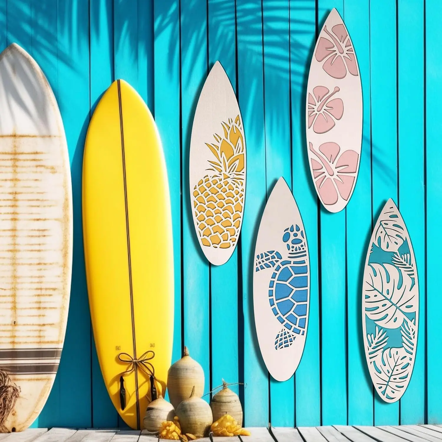 Wooden Beach Decor Summer Surfboard Wall Hanging Sign Tropical Hibiscus Sea Turtle Wood Signs for Bedroom Living Room Decor