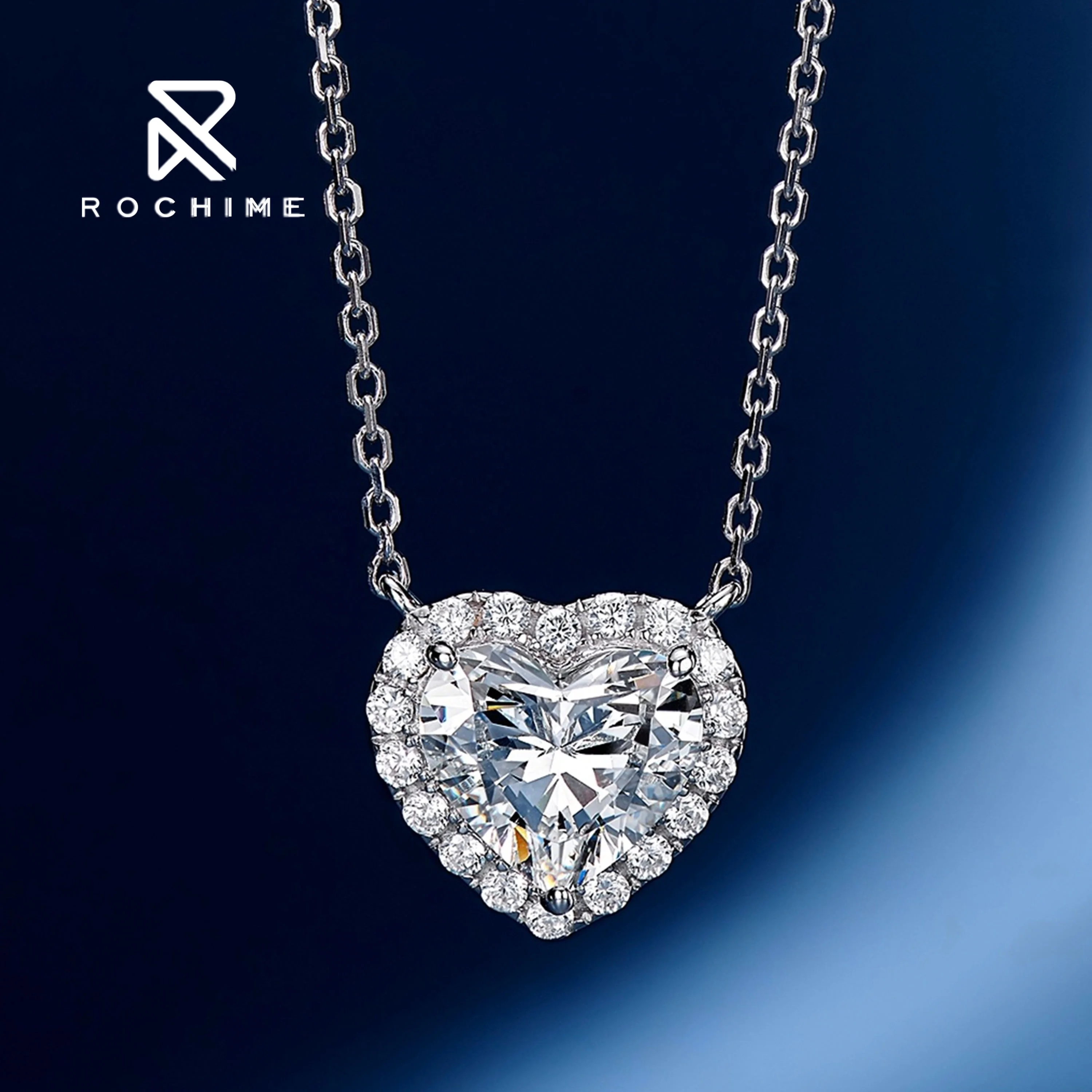 Rochime halo sweet pendant heart necklace  s925 silver gold plated 5a zircon jewelry for women