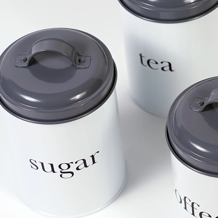 Round Shape Vintage Storage Jar Powder Coated Metal Case Kitchen Canister Tea Coffee Sugar Set of 3