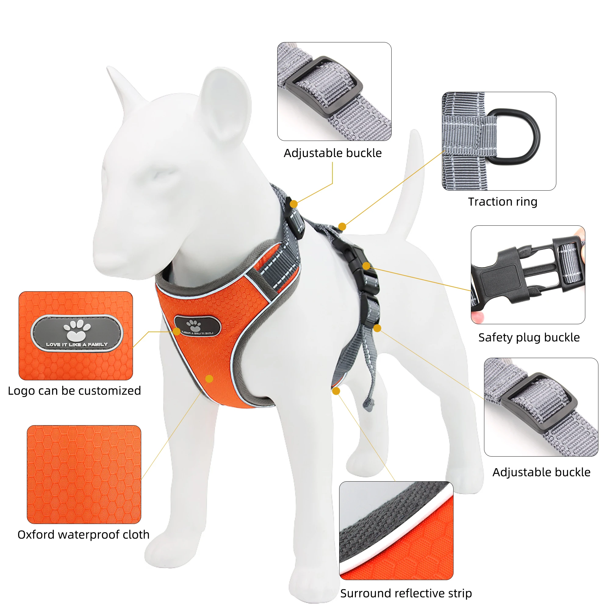 Waterproof Breathable Oxford Pet Harness, Heavy Duty Reflective Strong Dog Harness