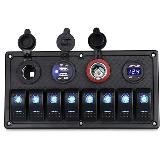 12V 8 Gang Marine Boat Switch Panel ON OFF 5 Pin Toggle Switches Panel with LED Circuit Breaker 3.1A USB Charger Voltmeter