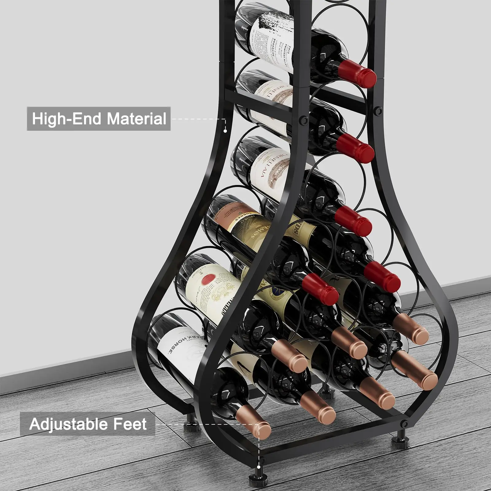 Wine Rack Freestanding Floor Mini Bar Table Wine Holder Stand Liquor Cabinet with Glass Holder Wood Tabletop 14 Bottles