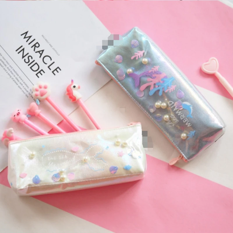 Pen Zipper Bag Pouch Holder Makeup Brush Bag  School Work Office Pencil Bag Sea Animal Mermaid Pencil Case