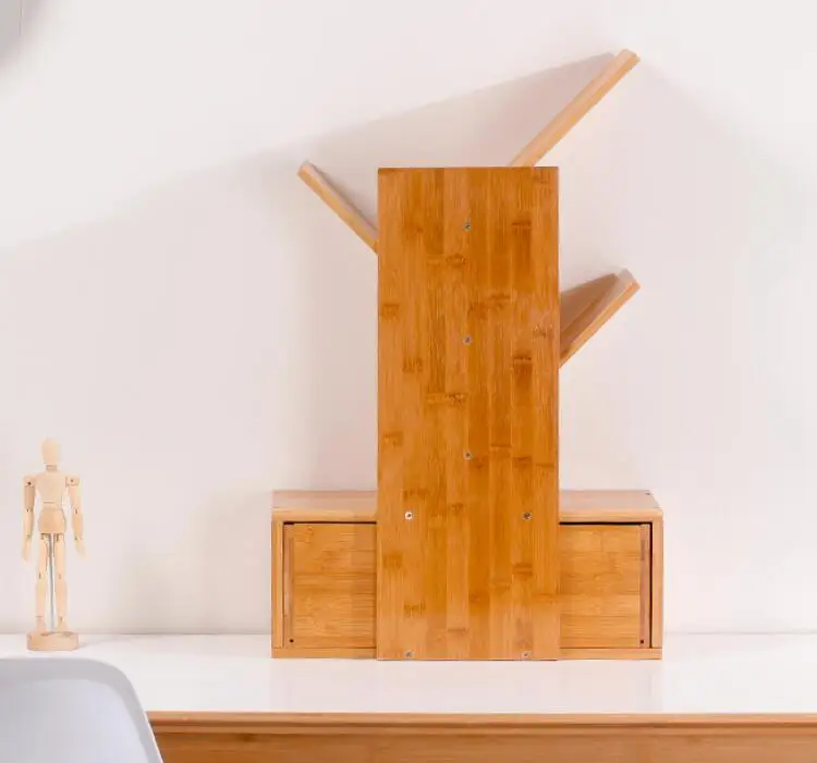 Tree creative bookshelf, bamboo desktop bookshelf with drawer 3 tier independent storage shelf for home, living room, office