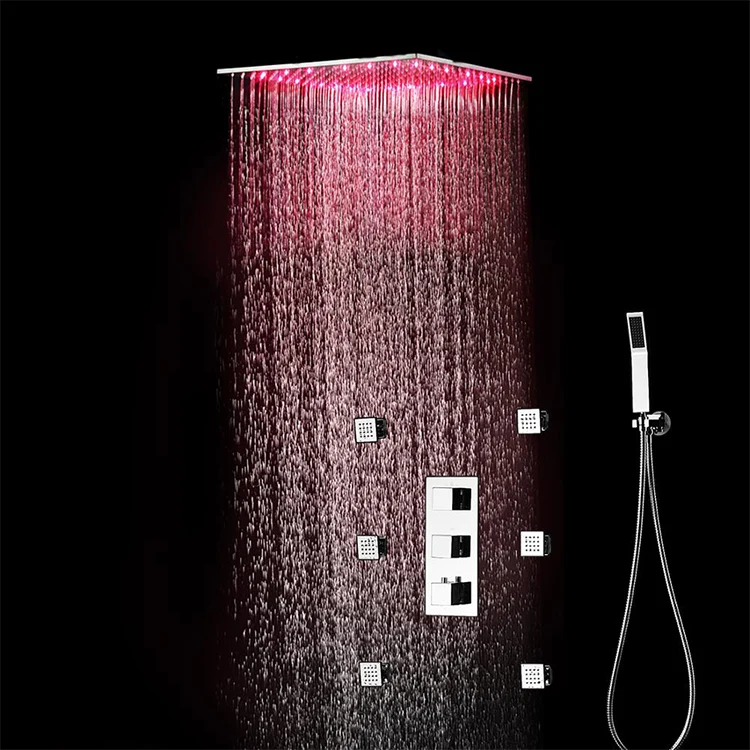 
kaiping 500*500mm Wall Mounted rainfall Chrome Plated Shower Head Set LED Rain Shower Panel With Body Jet Thermostatic 