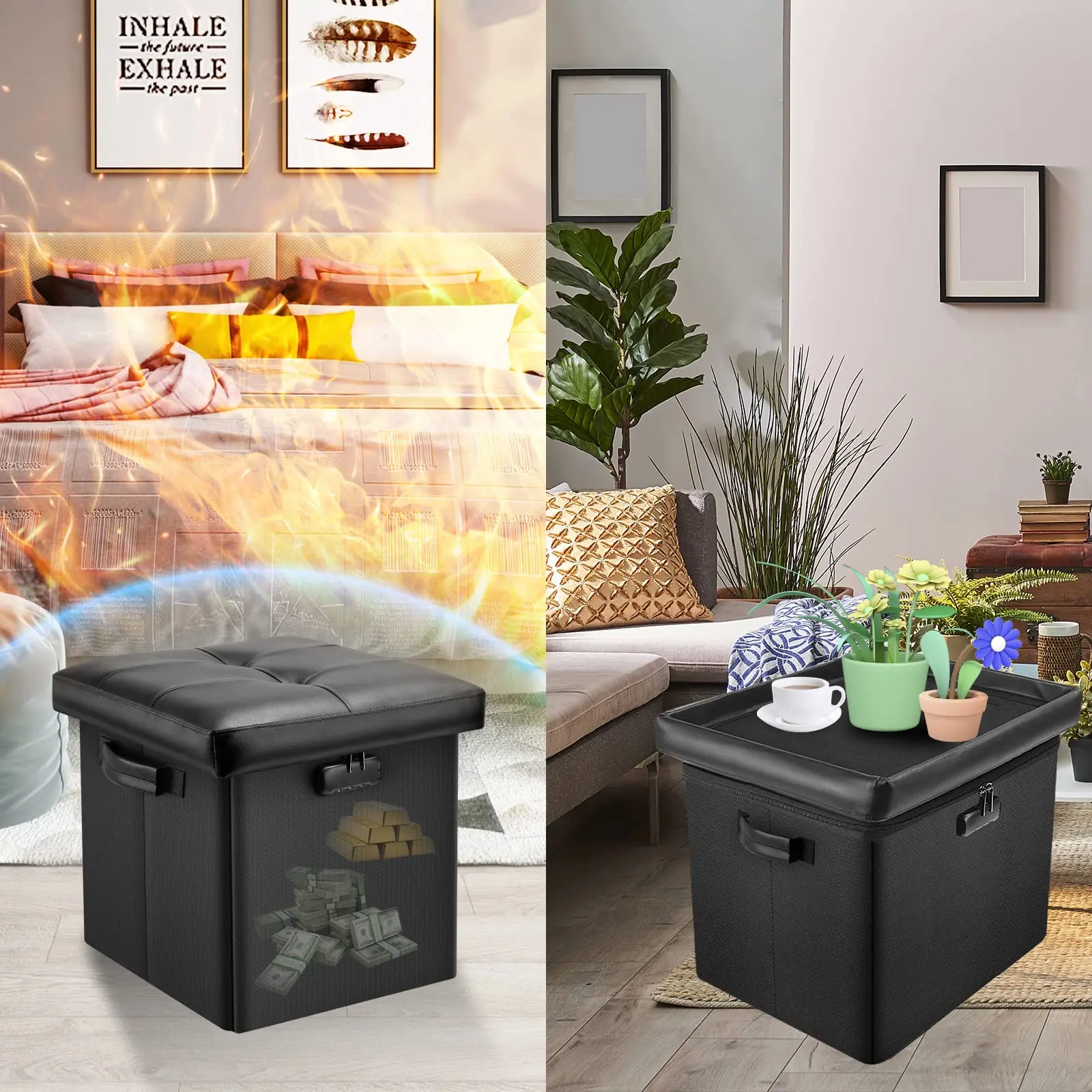 OEMNew Square Storage Ottoman With Tray and Lock Fireproof Folding Storage Ottoman Bench Portable Folding Stool with Storage Box