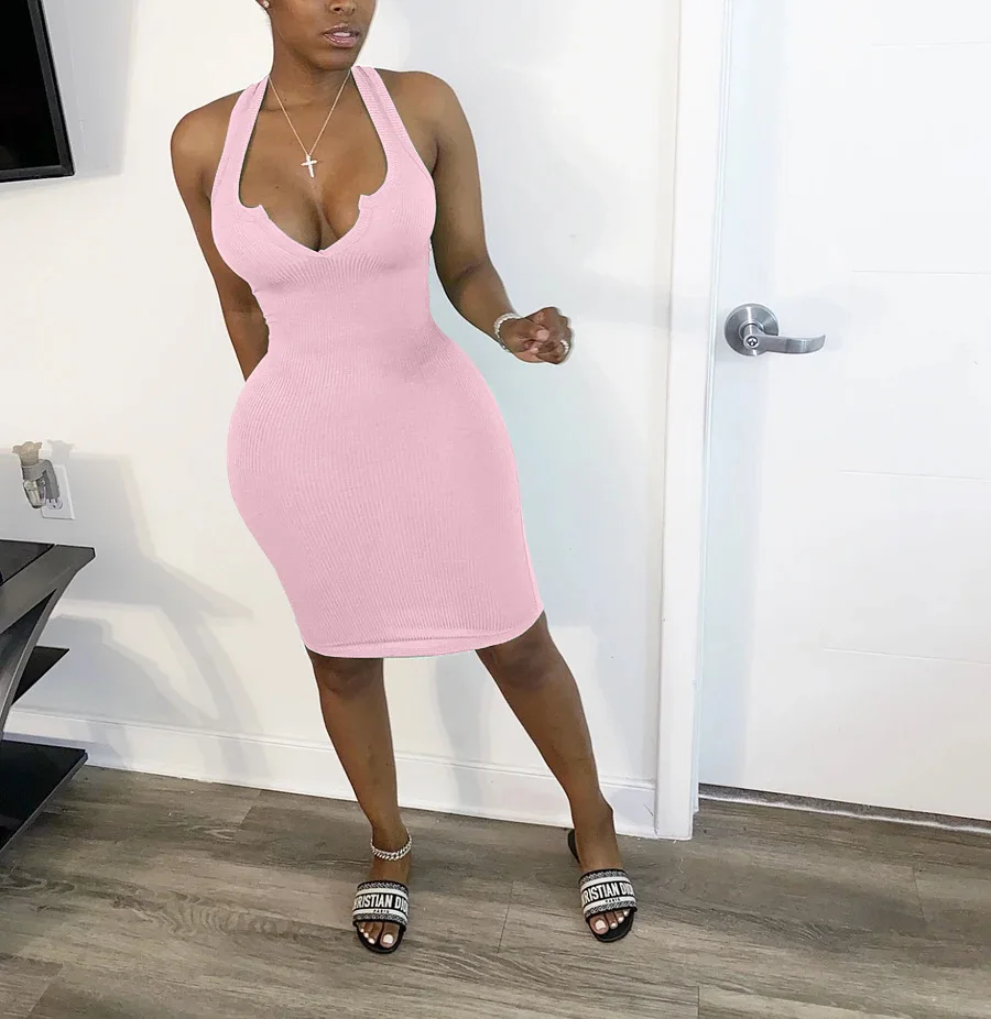 
QC9213 - Summer solid color dresses ribbed v-neck sleeveless tee shirt dress women 