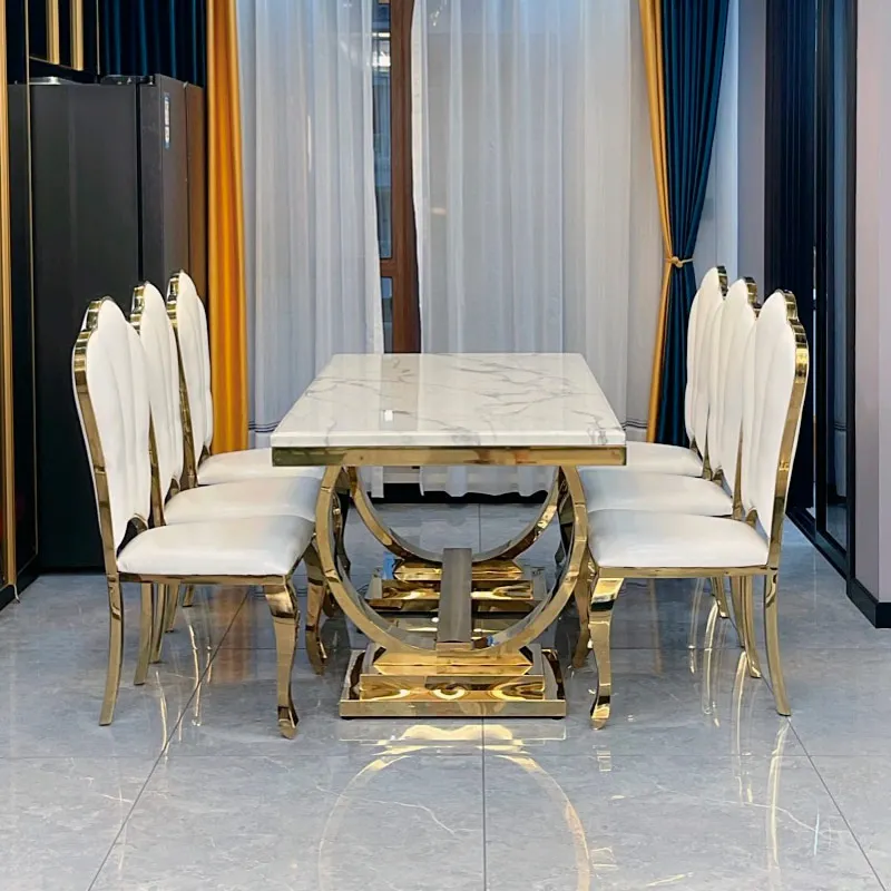 Modern Dining Home Furniture Marble Top Gold Chrome Stainless Steel Dining Table