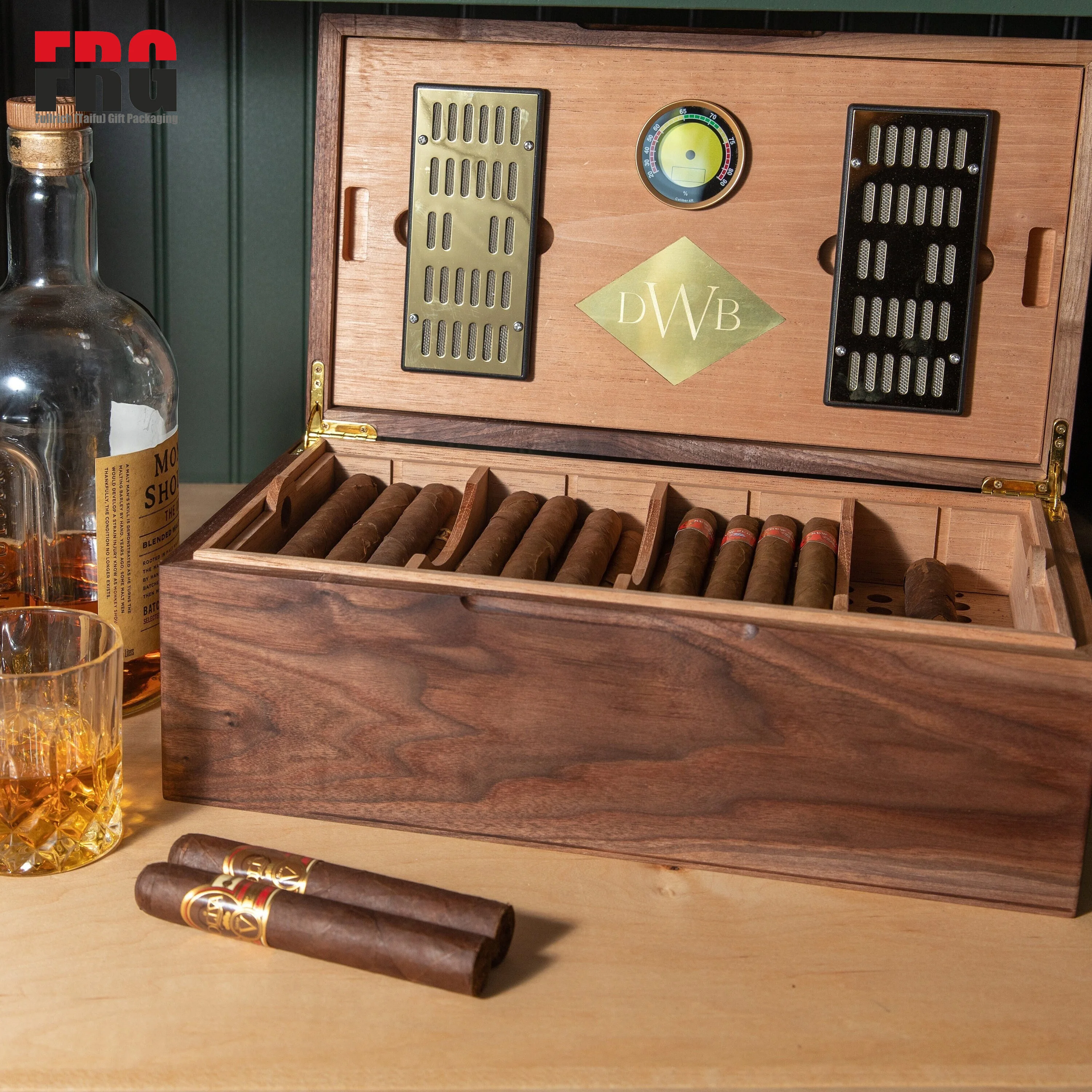Black Customize Walnut Humidor with Spanish Cedar Digital Hygrometer and 2 Humidifiers 80 Churchill Size Cigars Personalized